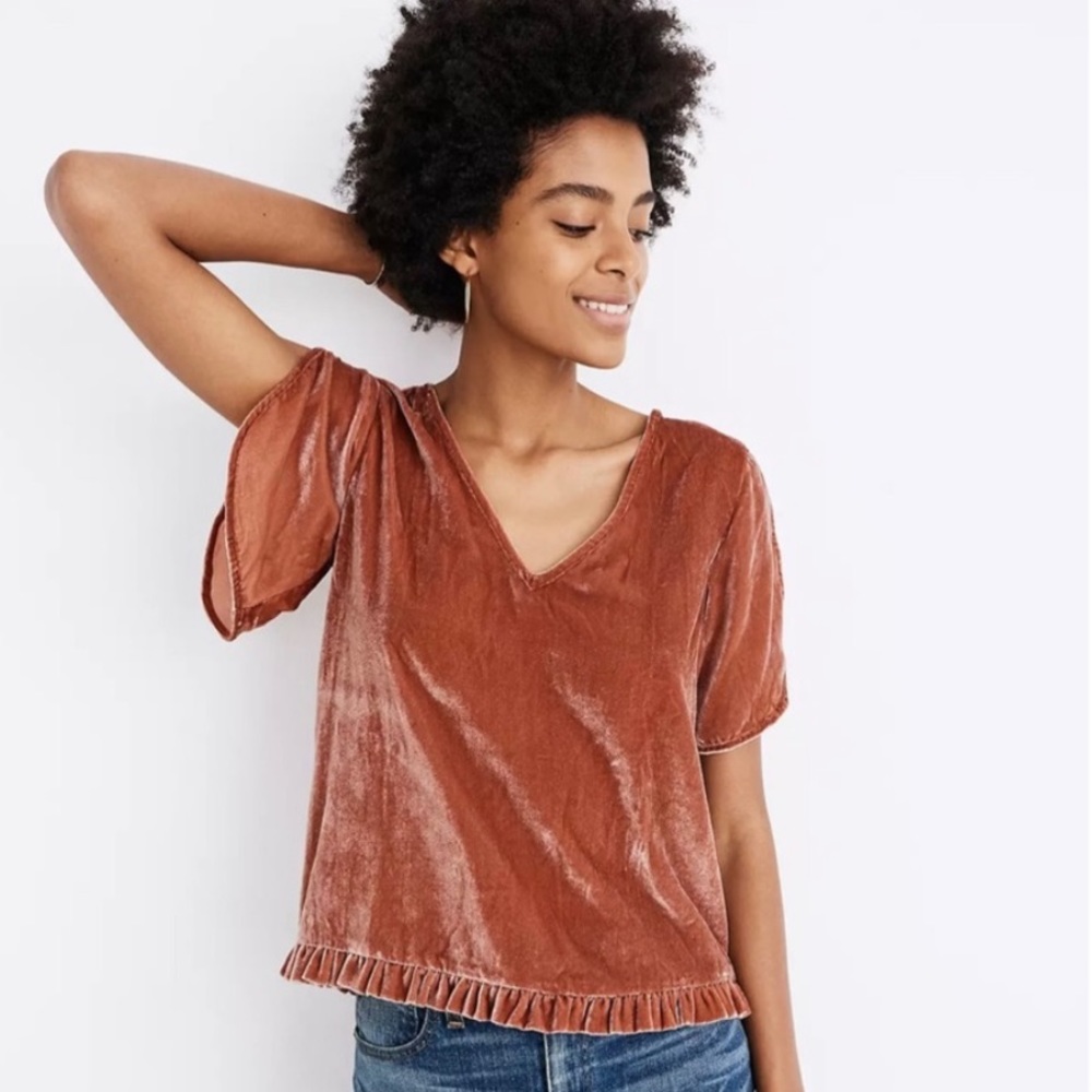 MADEWELL Velvet Tulip Sleeve Ruffle Blouse